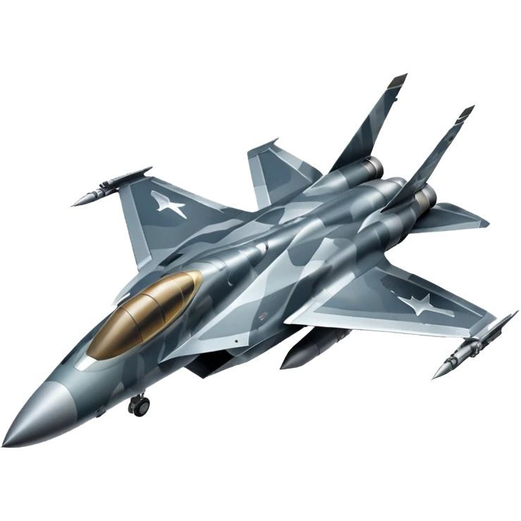 Draw a modern fighter jet with sharp wings, camo design & missiles mounted. emoji