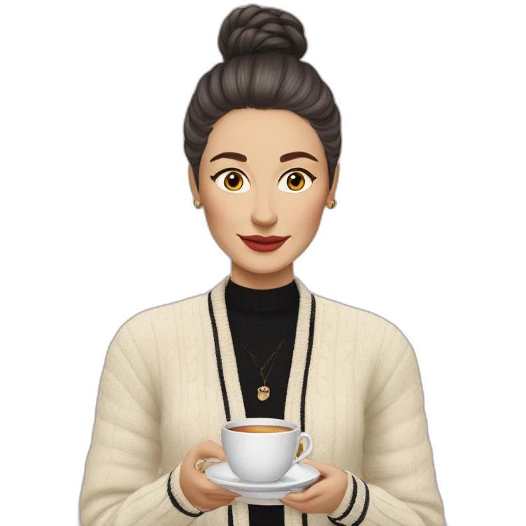 Romanian woman in Chanel cardigan drinks tea emoji