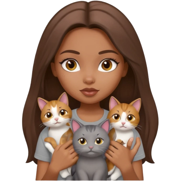a pretty bratz dusky girl with long brown hair with four cats nd wearing a grey tshirt emoji