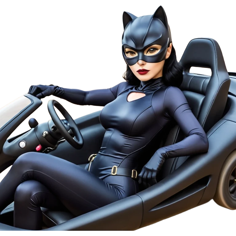 full size real-appearance electric road racing sexy CatWoman’s feminine midnight-colored tight outfit sixty’s tv show dark stealthy accurate sporty safe plush deluxe off-road pursuit drifting car jaguar accents (black hair,reclined and relaxed torso and shoulders back seating position) cross kart  emoji