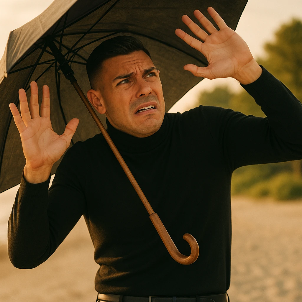 Create a symbolic 4k realistic scene outdoors, either beach or park, showing a man with expressive, worried body language. The man is raising his hands or using an umbrella or large hat to block natural, warm sunlight. The man looks uncomfortable or fearful, as if trying to protect himself from the sun. Use muted colors and focus on expressive body language, symbolizing misunderstanding about sunlight and health. Use the reference image for facial features and general appearance. emoji