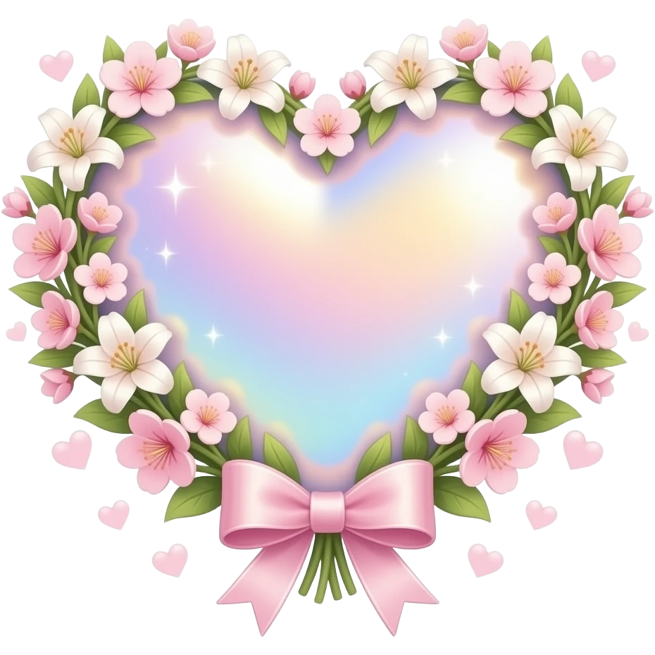 A Floral Heart formed from a ring of tiny glowing lilies and soft pink cherry blossoms. A dainty silk ribbon bow is tied at the bottom. Ethereal, soft-focus lighting, iridescent finish, and floating Sparkling Hearts emoji