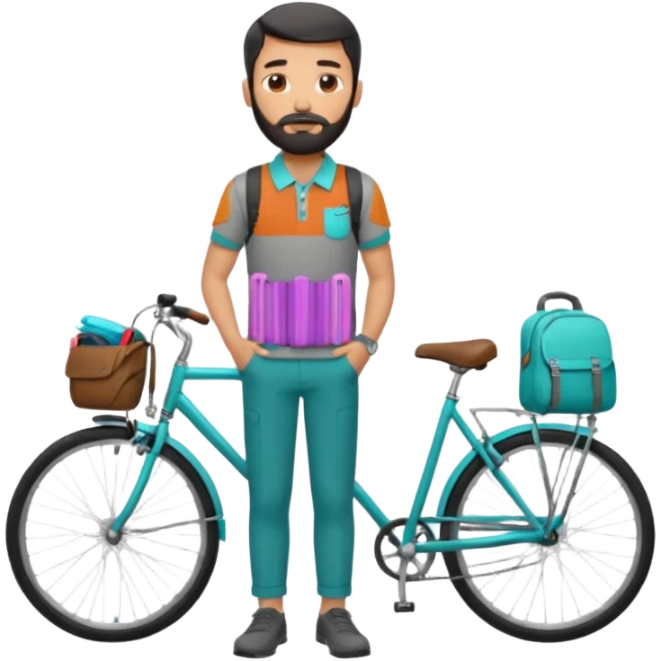 a man with a grey backpack and a torquoise byciycl and he has black shot=rt man hair and a beard with a polo grey shirt and dress pants emoji