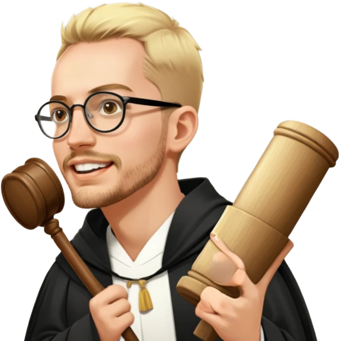 Wearing judges robes holding a gavel  ￼ emoji
