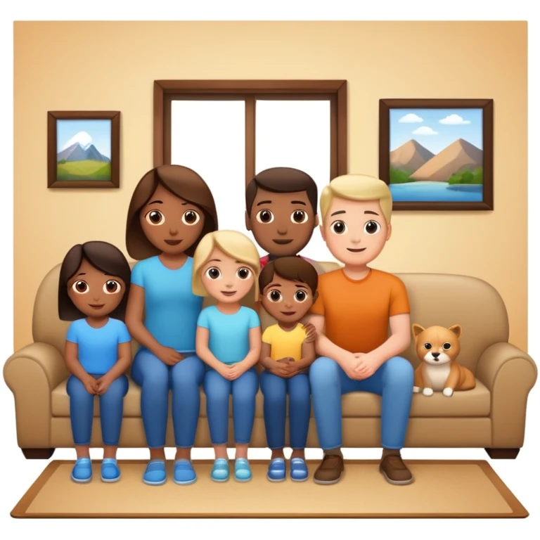 family posing for photo, living room background emoji