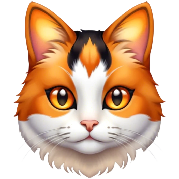 Cinematic Cute Calico Cat Portrait Emoji, Head tilted playfully with sparkling, inquisitive eyes and a charming patchwork fur of orange, black, and white, simplified yet irresistibly adorable, highly detailed, glowing with a warm, inviting glow, high shine, bubbly and affectionate, styled with a touch of whimsical feline charm, soft glowing outline, capturing the essence of a delightfully cute calico cat that looks as if it could prance off the screen into your heart! emoji