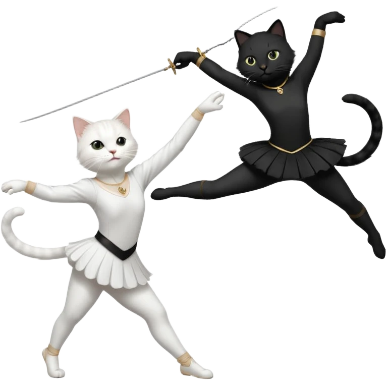 A white cat doing ballet and a black cat doing fencing emoji