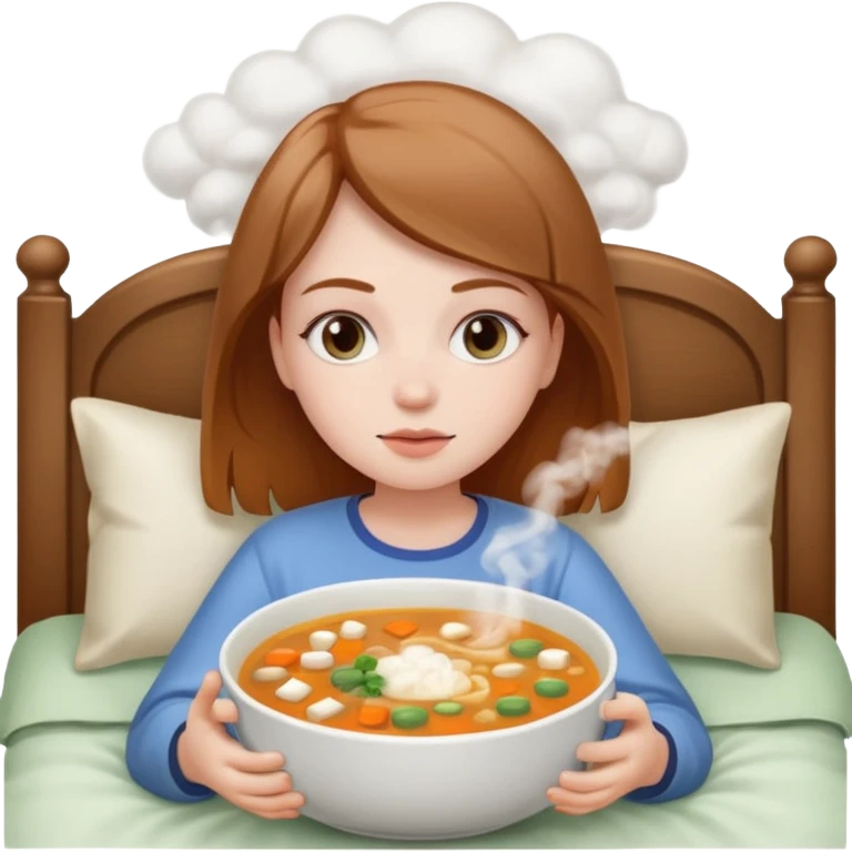 tazita de sopa, pastillas al lado y una chica en una cama emoji