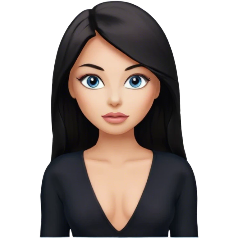 Glamours, tanned, beautiful, girl, with blue eyes, big pump peach-beige-rose lips, eyeliner, long lashes, black straight smooth silky long hair, parting hair in the middle,  in black v-neck bodysuit long sleeves emoji
