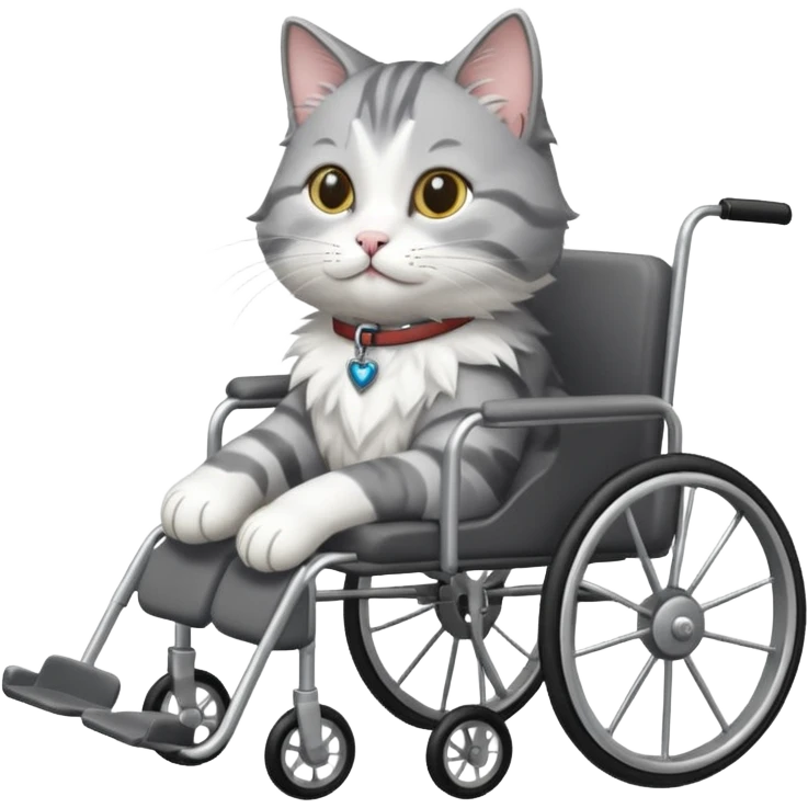 grey and white cat in a pet wheelchair emoji