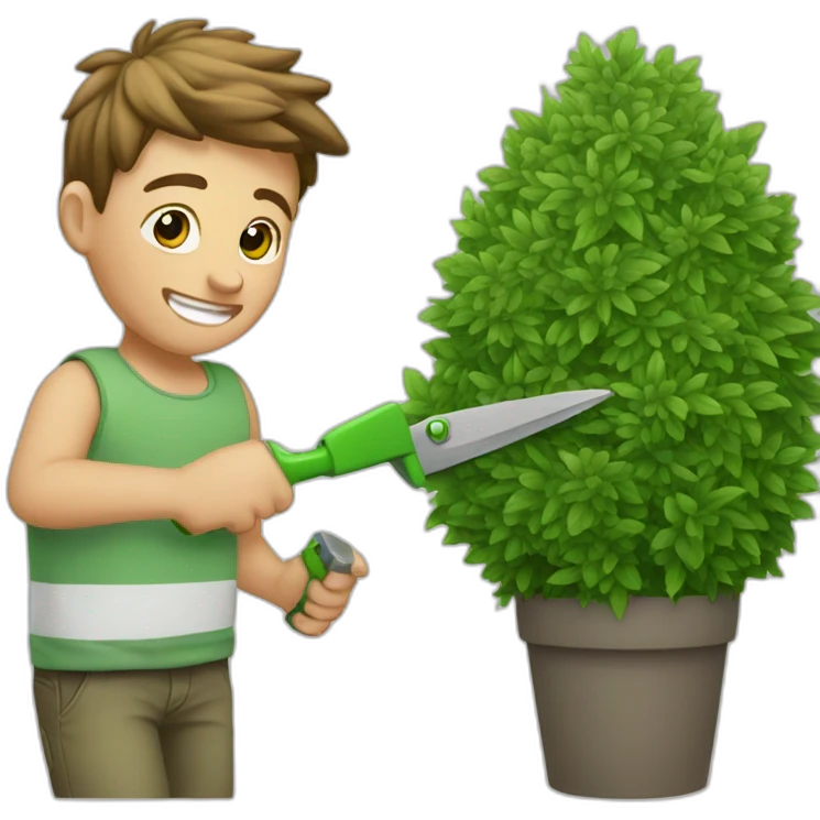 white kid trimming a decorative bush emoji