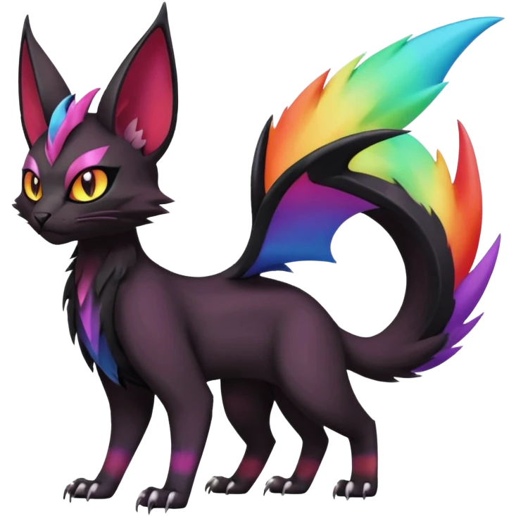 Black with rainbow-markings edgy Noivern-Noibat-Purloin-Torracat-Lykoi-Caracal-cat-Fakemon-fusion-hybrid-creature emoji
