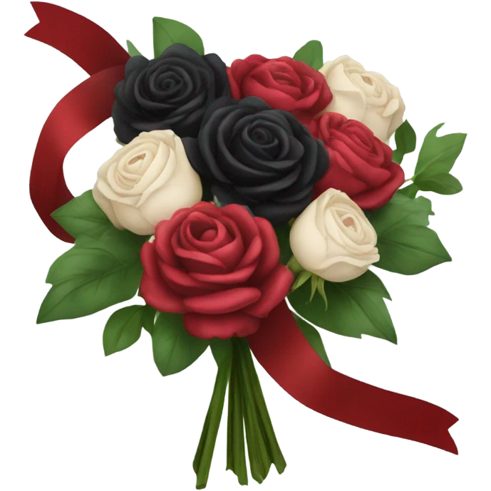 Gothic three black roses and three red roses and three burgundy peonies in a bouquet entwined with a bird ribbon emoji