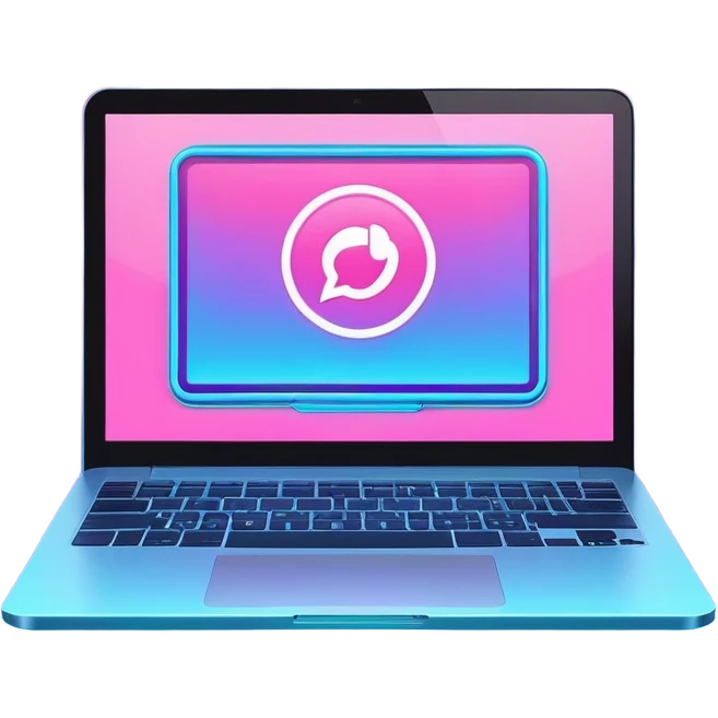 laptop computer with video chat displayed on screen, pink and light blue colors, with neon glow lines, blue neon light on top left, purple neon light on bottom right emoji