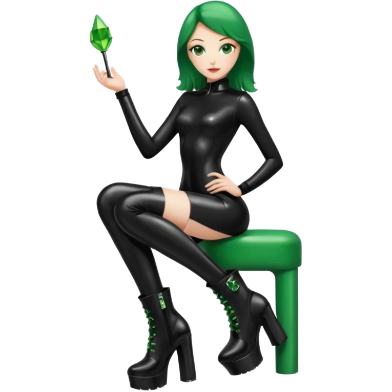 Create Dominatrix in black latex clothes,green eyes and platform boots emoji