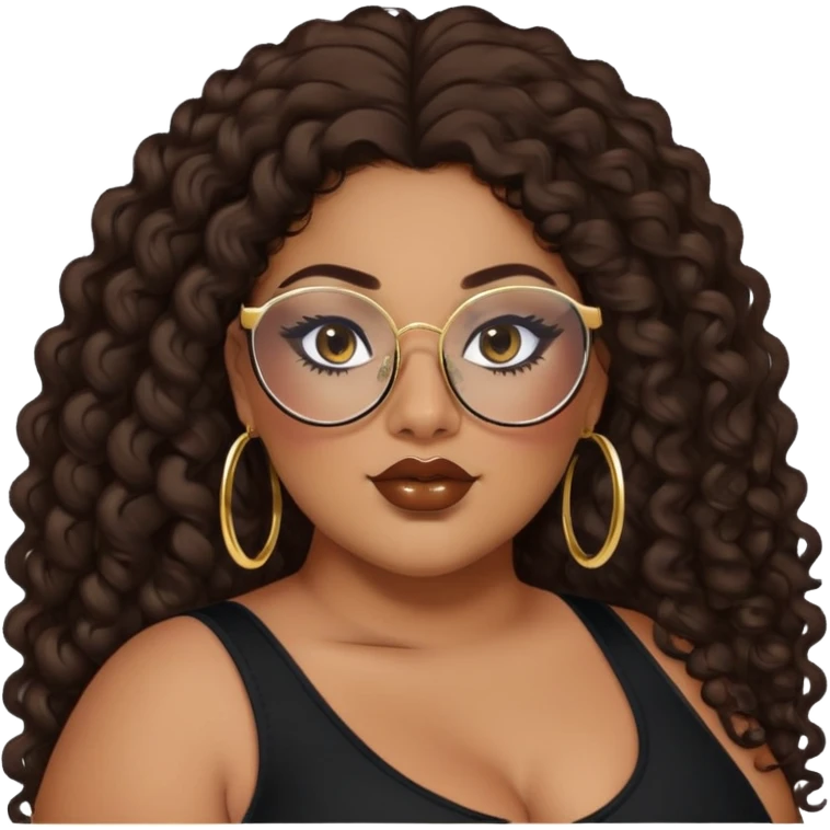 big plus size, latina, darker tan skin, gold hoops, long dark brown curly hair, baddie,pretty, makeup, lipgloss, black eyeliner, long hair, black top, black glasses emoji