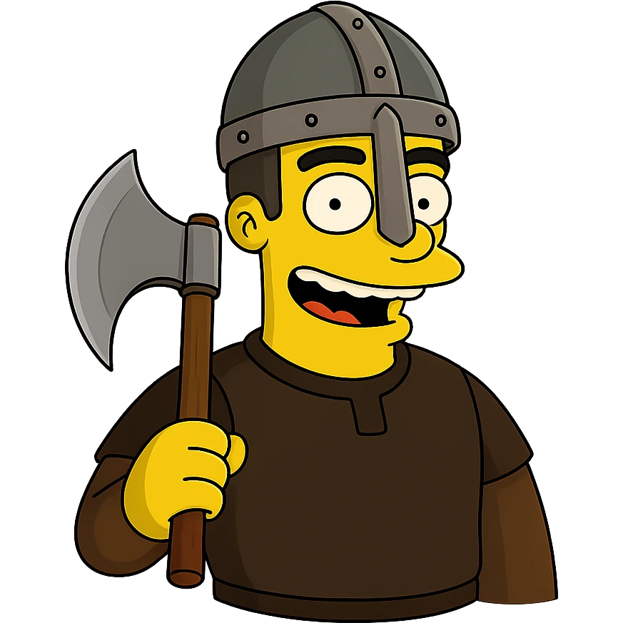 Regenerate the image keeping the same angle, facial expression, and size proportions, but add a medieval axe and helmet to the character. Maintain the Simpsons style with a transparent background. emoji