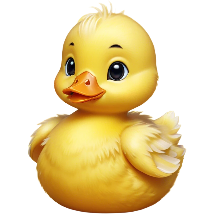 Cinematic Cute Yellow Baby Duck Portrait Emoji, Head tilted playfully and inquisitively, featuring a fluffy, vibrant yellow downy coat with a tiny delicate beak, round, sparkling eyes filled with curiosity, Simplified yet irresistibly adorable features, highly detailed, glowing with a warm, friendly glow, high shine, affectionate and spirited, stylized with a touch of playful whimsy, bright and endearing, soft glowing outline, capturing the essence of a mischievous yet loving duckling, so playful it feels like it could peep out of the screen and into your arms! emoji