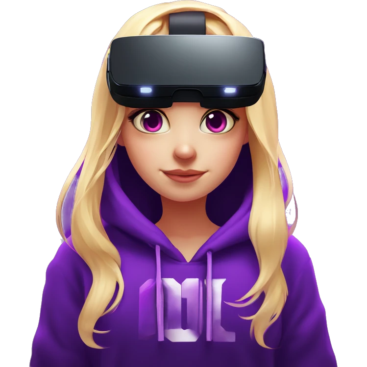 Russian cute blond student girl wearing black hoody with violet letters "OMG", in vr headset. No eyes. Cyberpunk style. Violet neon. emoji