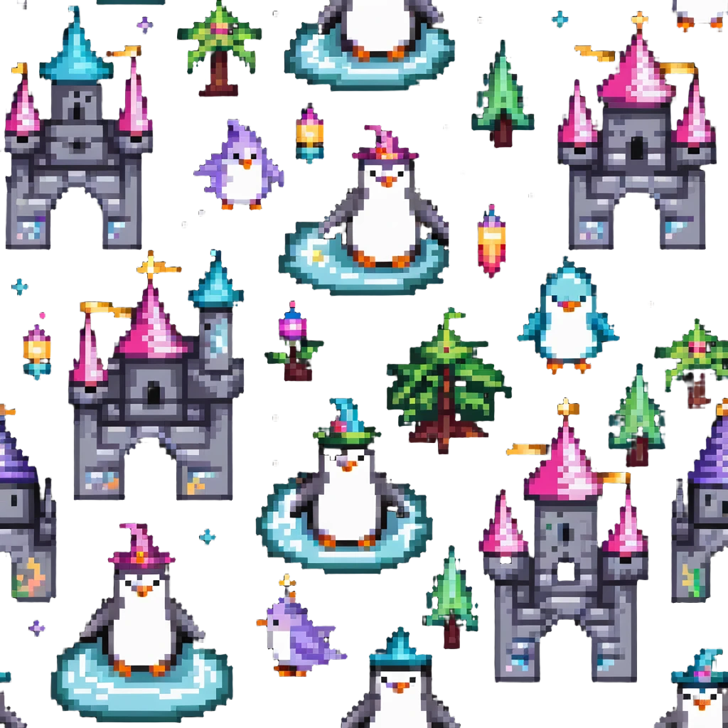 penguin wizard with magical sparkles, a unicorn, fairy, and tiny goblin companion in a pixelated fantasy world with a floating castle emoji