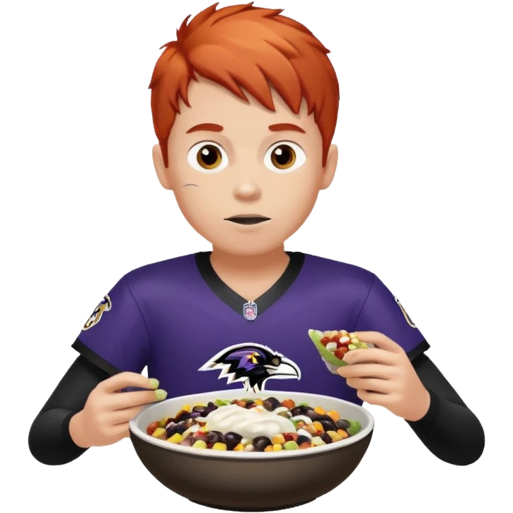 a red-haired boy wearing a ravens jersey and eating a chipotle burrito bowl emoji