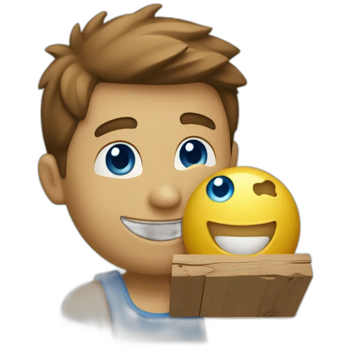 A person holding a box of wood with a beautiful smile will make any wooden product you want, he has a yellow food ball. Blue eyes and skin light beige. emoji