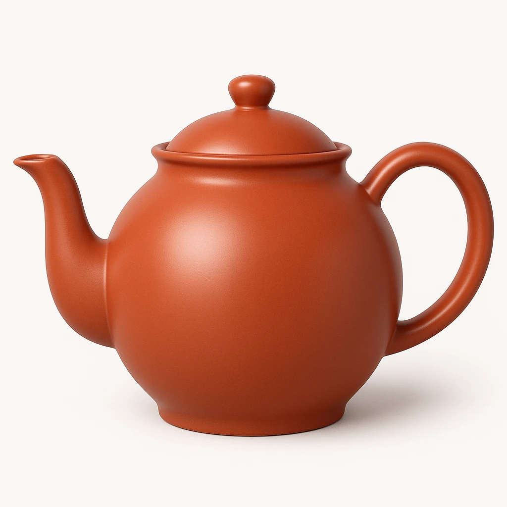Create a teapot similar to the reference image but without a face, just the teapot itself. Make it a little shiny with a soft reflection on the body and a moderate red color #c05734 in an emoji style. emoji