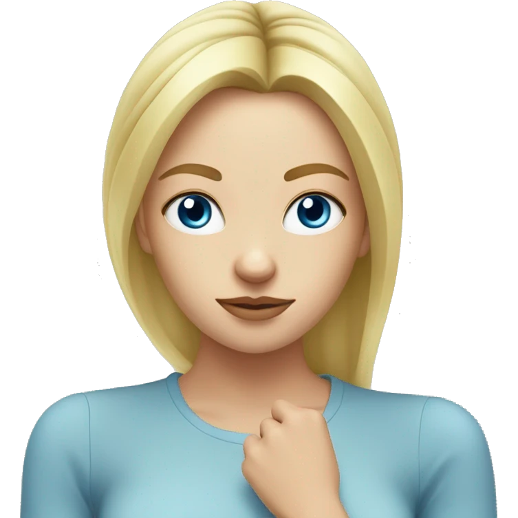White girl, blonde, with blue eyes, rubs her head whith hands on which there are onion sprouts emoji