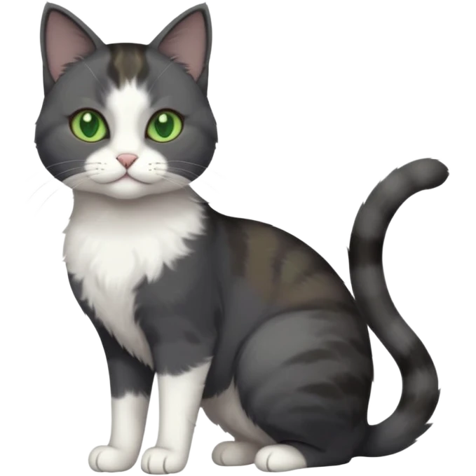 full body view of beautiful female solid dark grey cat with green eyes, white toes/paws and white patch on her chest emoji