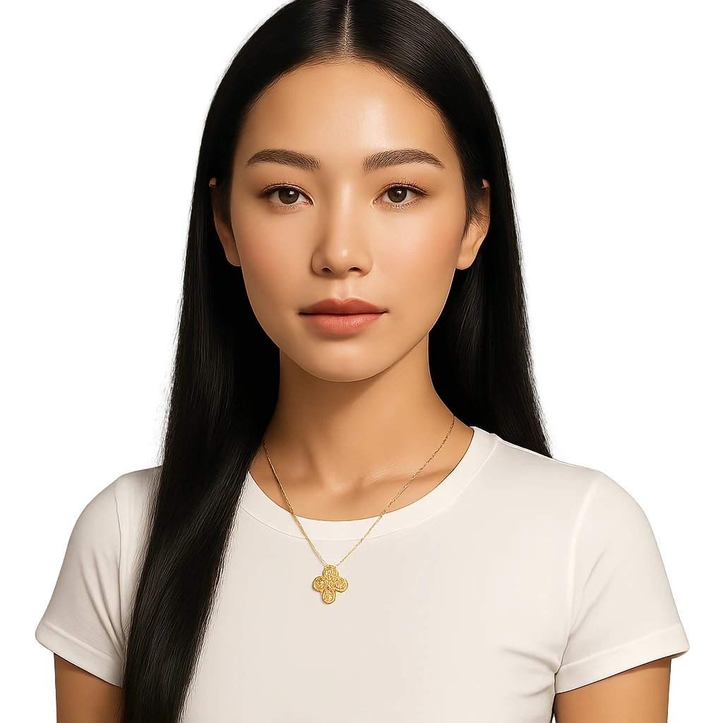 a calm woman with long straight black hair parted in the middle, light glowing skin, almond eyes with subtle makeup, full coral lips, white fitted t-shirt, gold four-leaf clover necklace, neutral expression, looking at the viewer emoji
