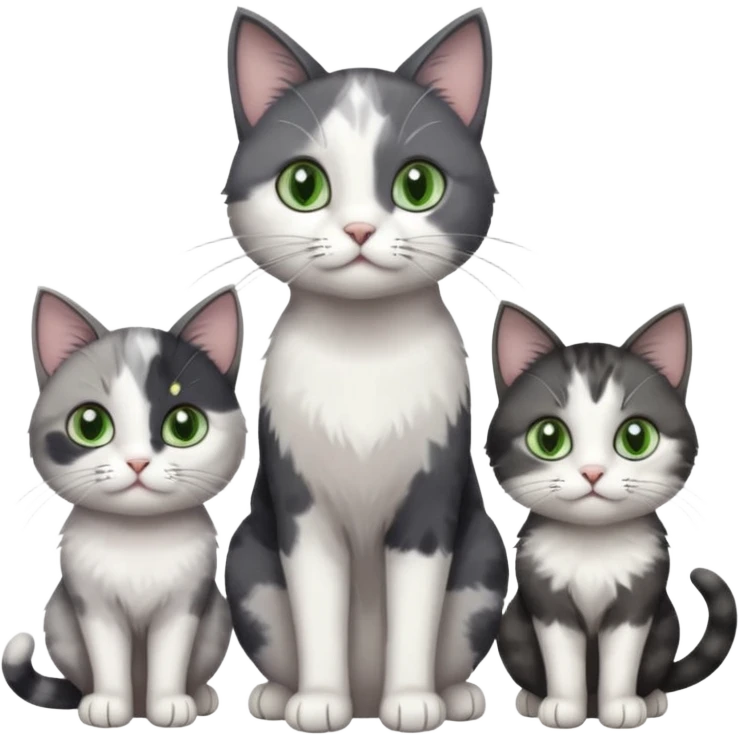 3 different coloured small cats including a dark grey and white, and a patchy calico and a completely solid dark grey with green eyes and only white paws emoji