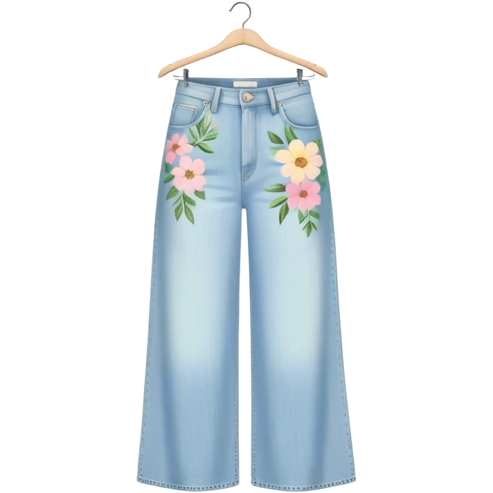 light wash denim wide leg jeans with pastel flowers painted on them on hanger emoji