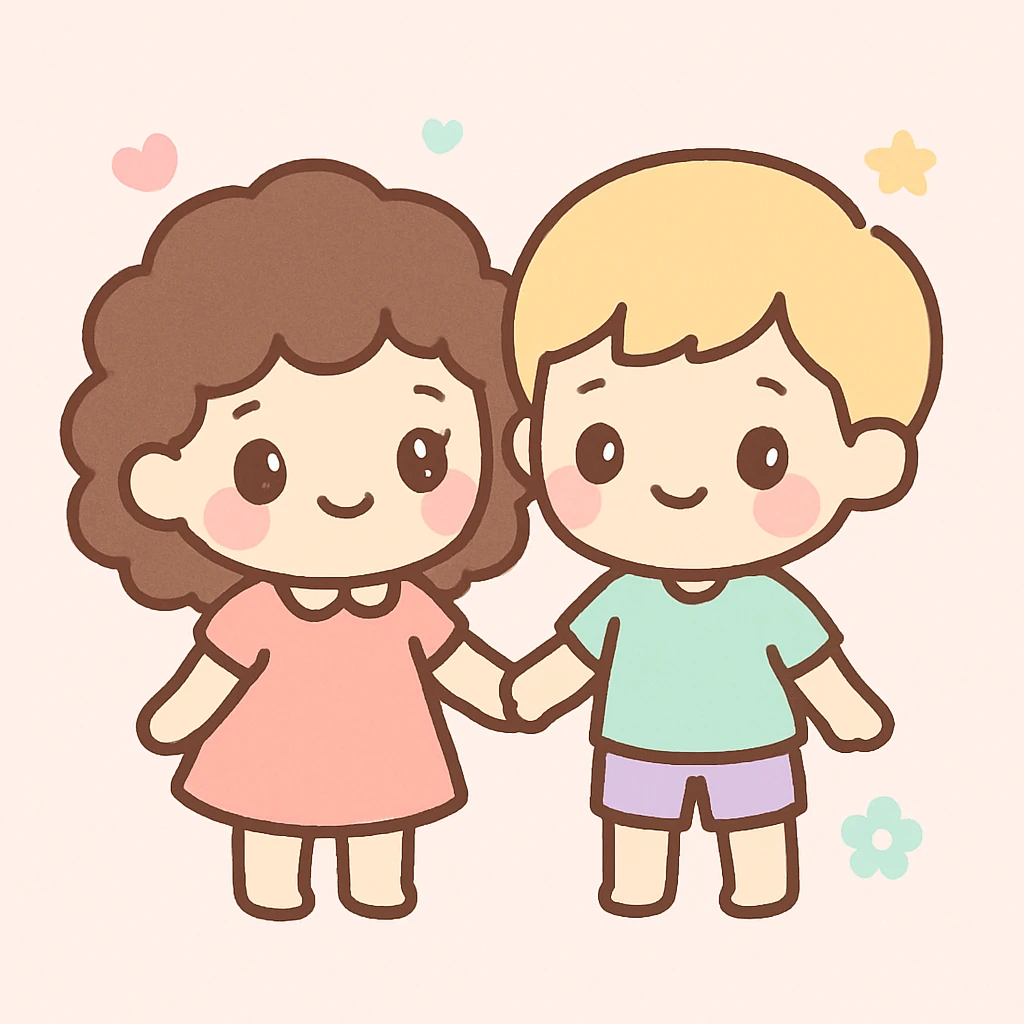 brunette curly haired girl and blonde boy holding hands, cute and cheerful kawaii style emoji