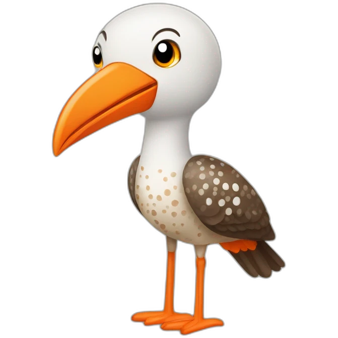 friendly brown and white speckled sea bird with long orange beak and long legs emoji
