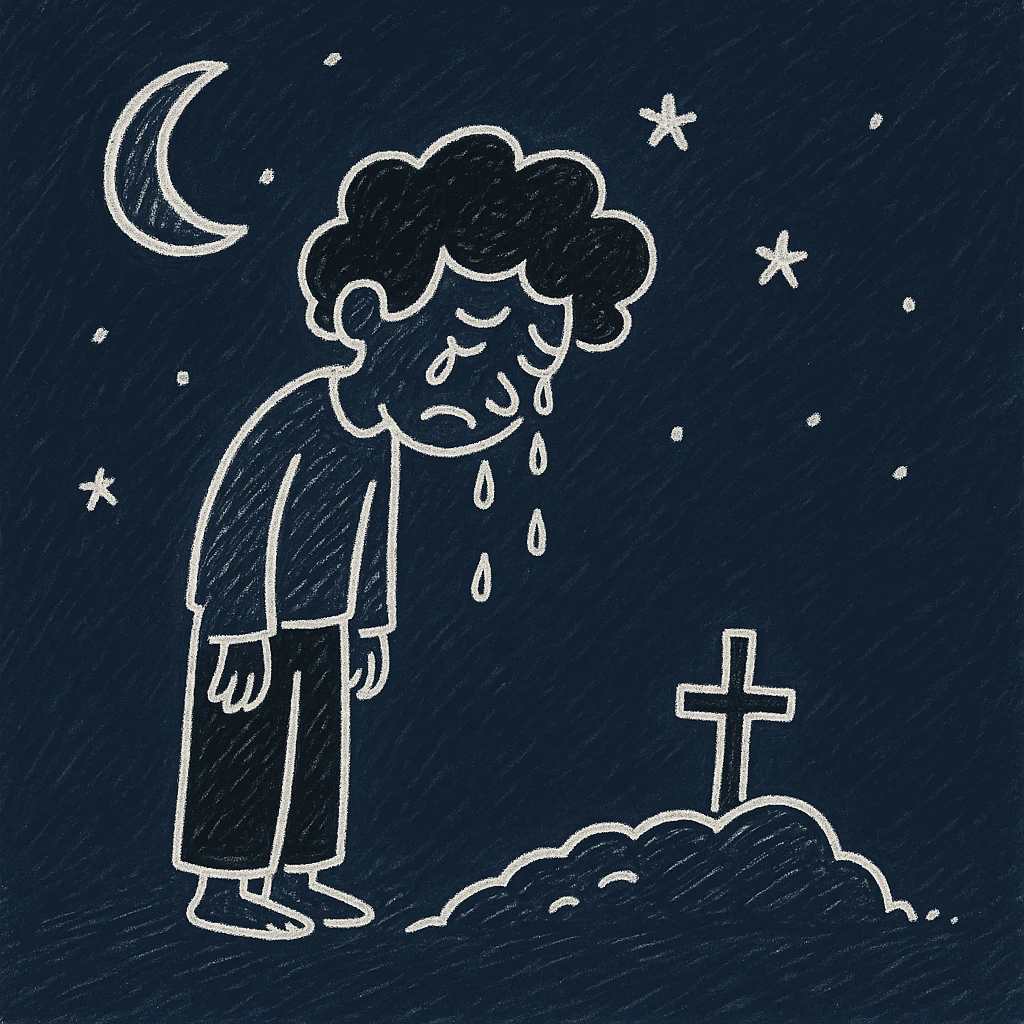 Make the scene night time with a man crying over a grave in the style of hand drawn notion doodles. Emphasize the night setting and emotional tone, preserving the doodle style. emoji