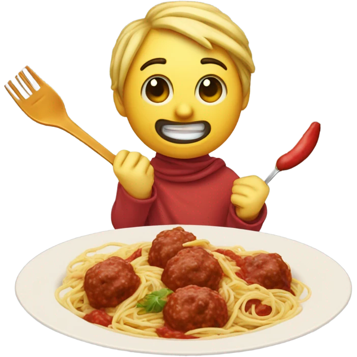 create a crescent, moon, eating spaghetti while smiling with red sauce and meatballs with a spoon and a fork and hand and a napkin around his neck emoji