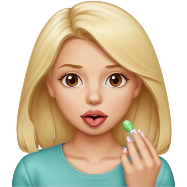 Elle fais une peu petasse, elle se mord le coin la lèvres. Elle est blonde. Ongles vernis marrons. Elle mâche un chewing-gum  emoji