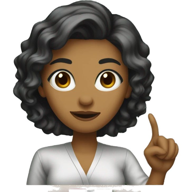 A female researcher in her 20s wearing a gown. Her hair is black short and her skin is white. She is pointing at a blackboard emoji