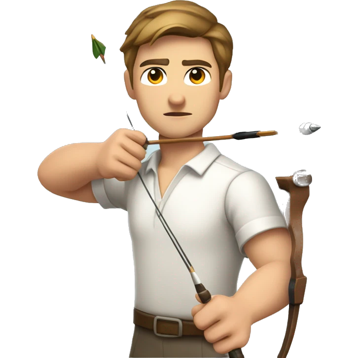 a male archer aiming with a bow facing  his target, eyes closed, wearing a white shirt, very short brown hair, bright skin emoji