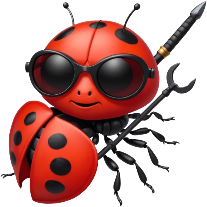 an evil ladybug with dark sunglasses and a weapon emoji