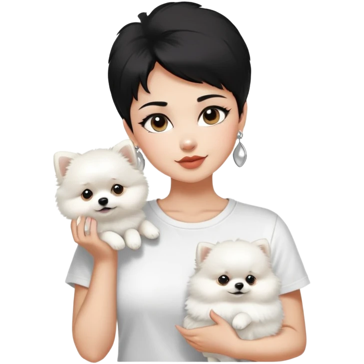 A woman with a base-shaped face, very short black hair, wearing a white T-shirt and large stylish silver earrings, holding a pure white fluffy Pomeranian. emoji