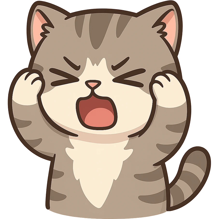 Cat meme, a gray tabby cat holding its head and screaming, with its eyes closed and mouth open, looking annoyed emoji
