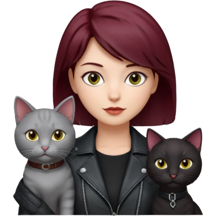 femme  yeux gris, cheveux court bordeaux, cuir noir, avec chat poils longs gris clair et chat poils ras noirs emoji