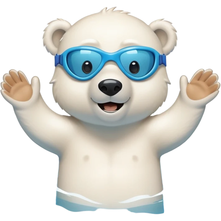 friendly anthropomorphised polar bear swimming freestyle in a pool with excited expression wearing blue swimming goggles emoji