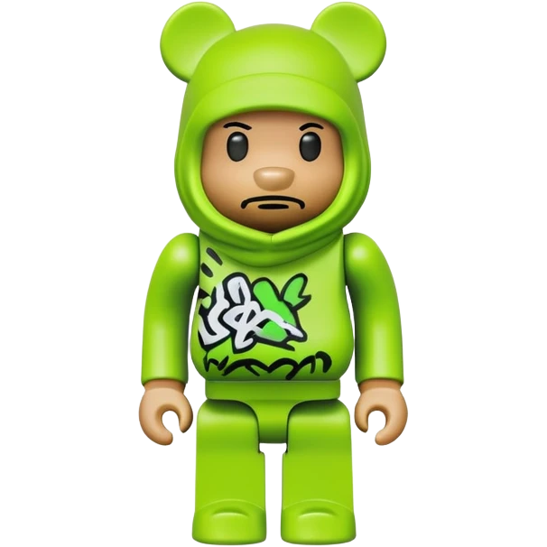 bearbrick toy wearing a lime green balaclava with graffiti style artwork emoji