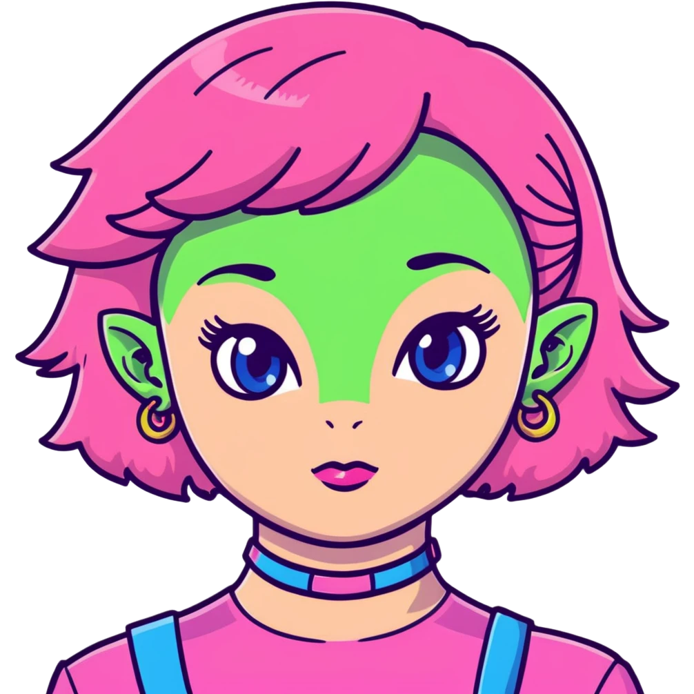 girl with blue eyes, pink makeup, narrow eyebrows, earrings, green alien head choker, black and pink blouse, curly shoulder-length hair, half hot pink half ginger, short straight baby bangs emoji