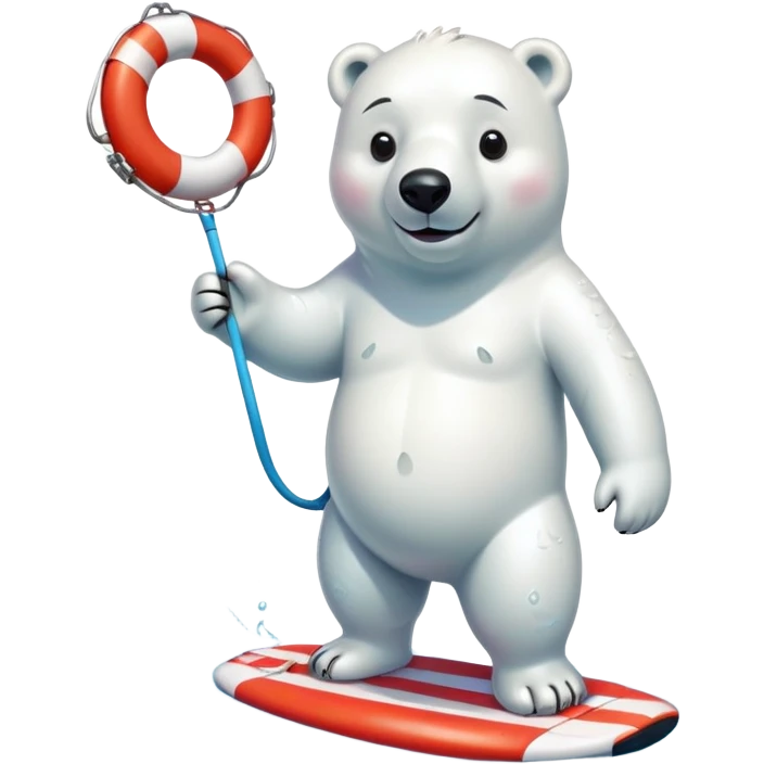 full body friendly anthropomorphised polar bear smiling, wearing colorful swim suit and long board shorts below the knee, scuba goggles, holding red and white life buoy, standing in small puddle emoji
