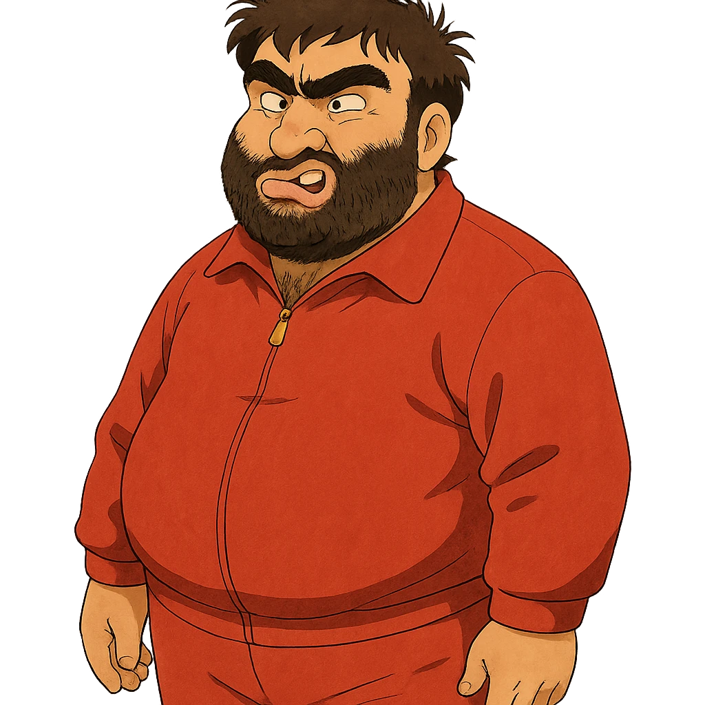 Recep İvedik, Turkish comedy icon, thick beard, messy hair, red tracksuit, making a funny face, ghibli style emoji