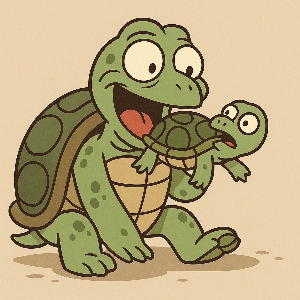 a playful cartoon turtle eating a smaller turtle, flat toon style emoji