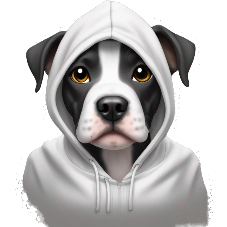 A black and white terrier pit bull wearing a hoodie emoji